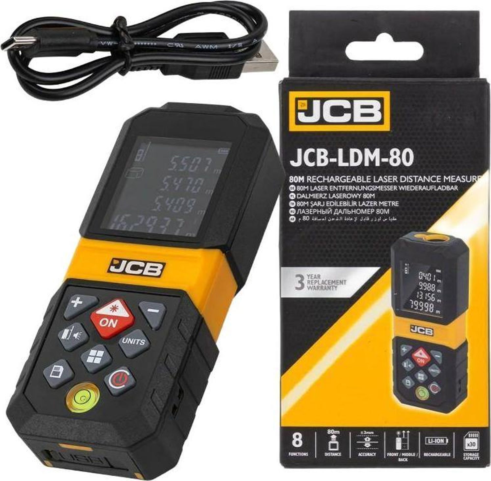 JCB | Laserový diaľkomer, LCD, 80 m, nabíjačka USB-C