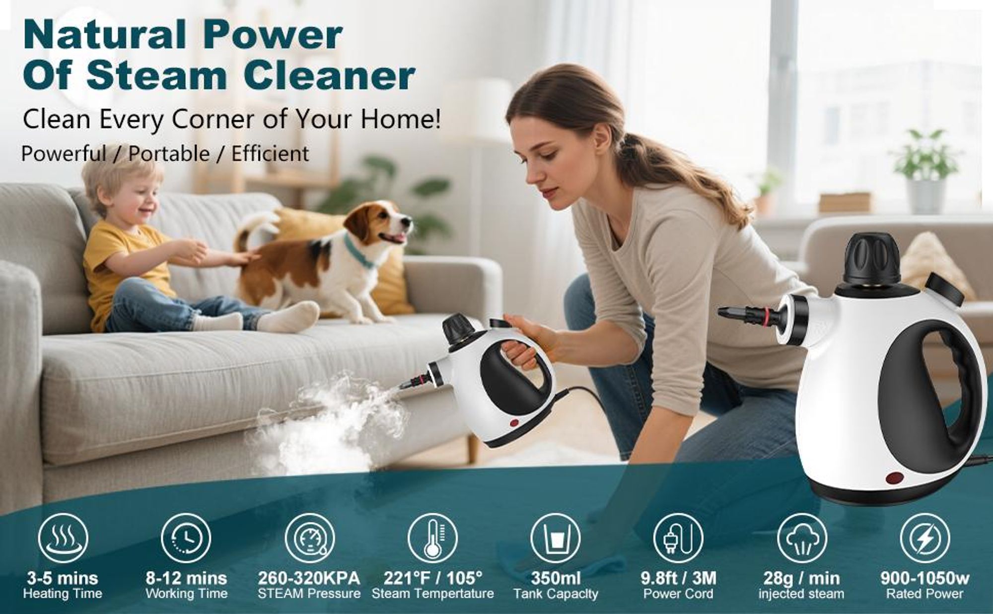 Dampfreiniger, Handdampfreiniger, Teppichreiniger, 1050W Hochleistung Steam Cleaner, mit 350ml Tank, Mehrzweck-Dampfgarer für den Heimgebrauch