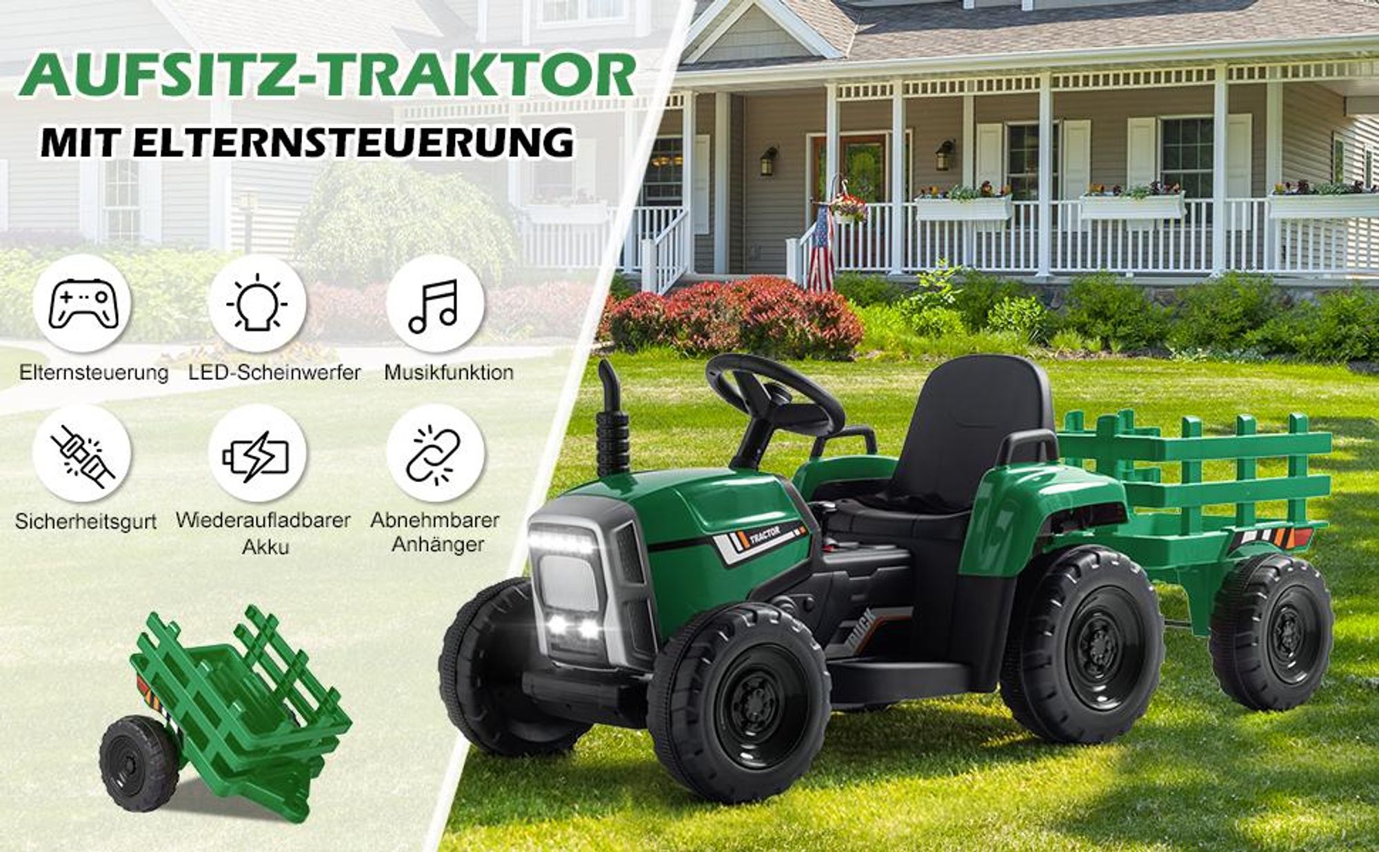 FCH 12V 7Ah Elektrotraktor mit abnehmbarem Anhänger und 2,4G Fernbedienung, Kinder Aufsitztraktor mit LED Lichtern, Musik, Hupe & USB Funktionen, Arme