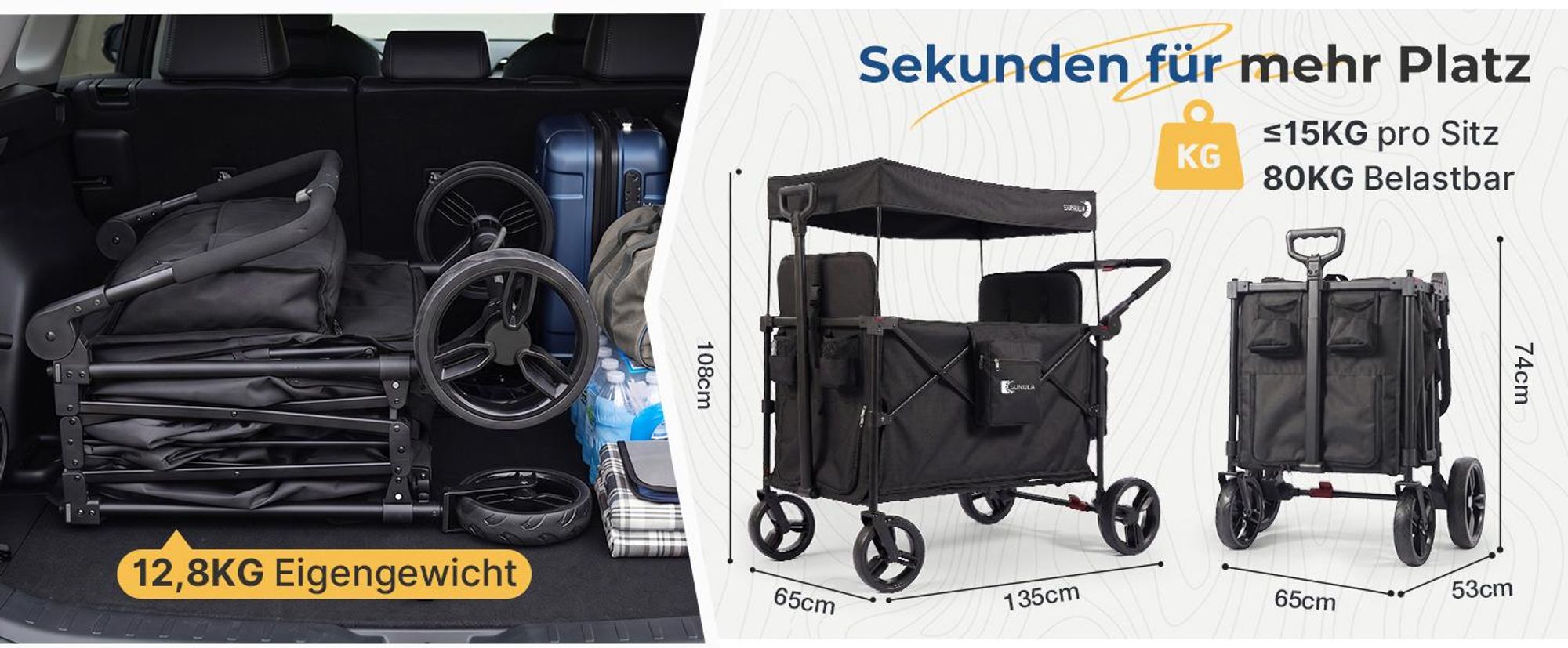 Sekey Faltbar Bollerwagen mit Dach, für 1 bis 2 Kinder, Schiebe- und Zieh Funktion, mit XXL-Rädern (25/20 cm) und 5-Punkt-Gurtsystem, Grau