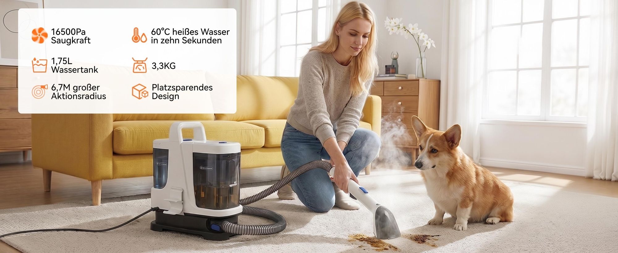Lubluelu V9 Polsterreinigungsgerät Waschsauger mit Dampffunktion, 60 °C Warmwasser, 16500Pa, 1250W Nasssauger für Sofa Auto Teppiche Selbstreinigung