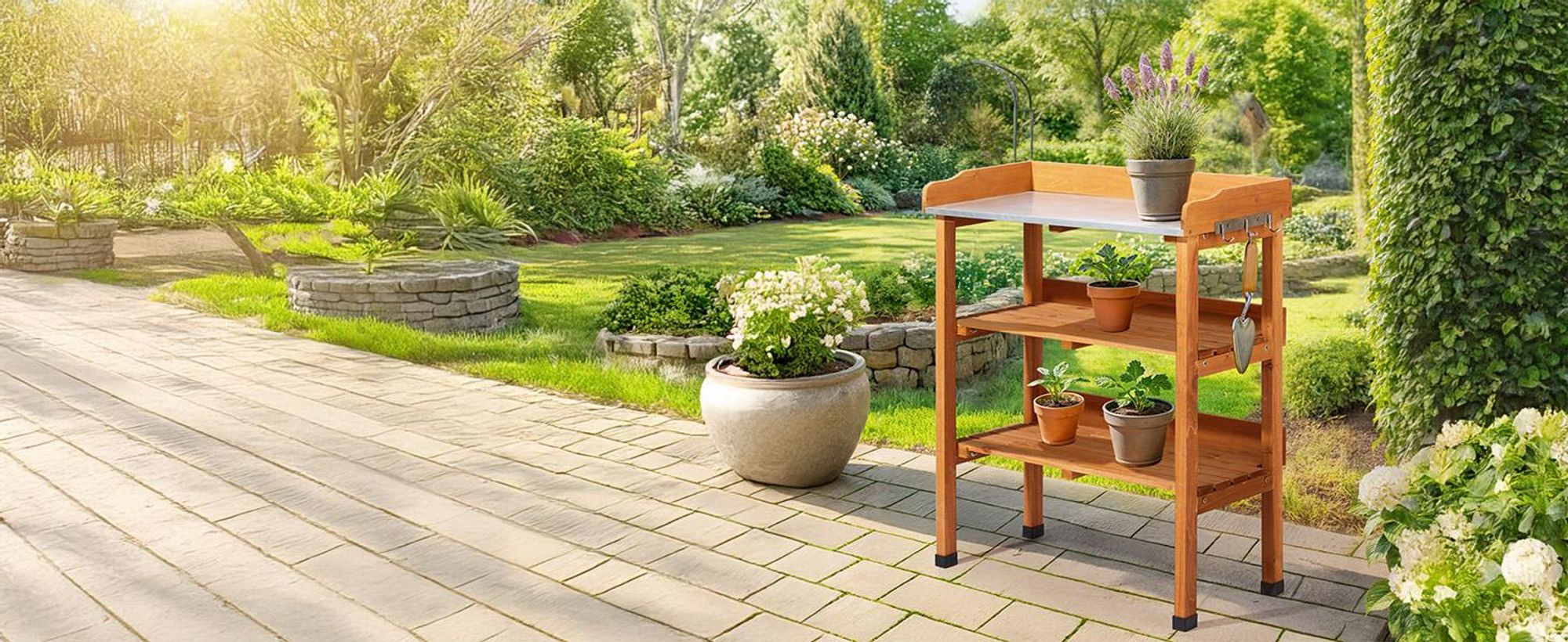 FCH Pflanztisch 3 Ablagen, Gärtnertisch mit verzinkter Arbeitsplatte, Garten-Blumentisch für Outdoor, wetterfest, 74x36x90cm, Holzfarbe