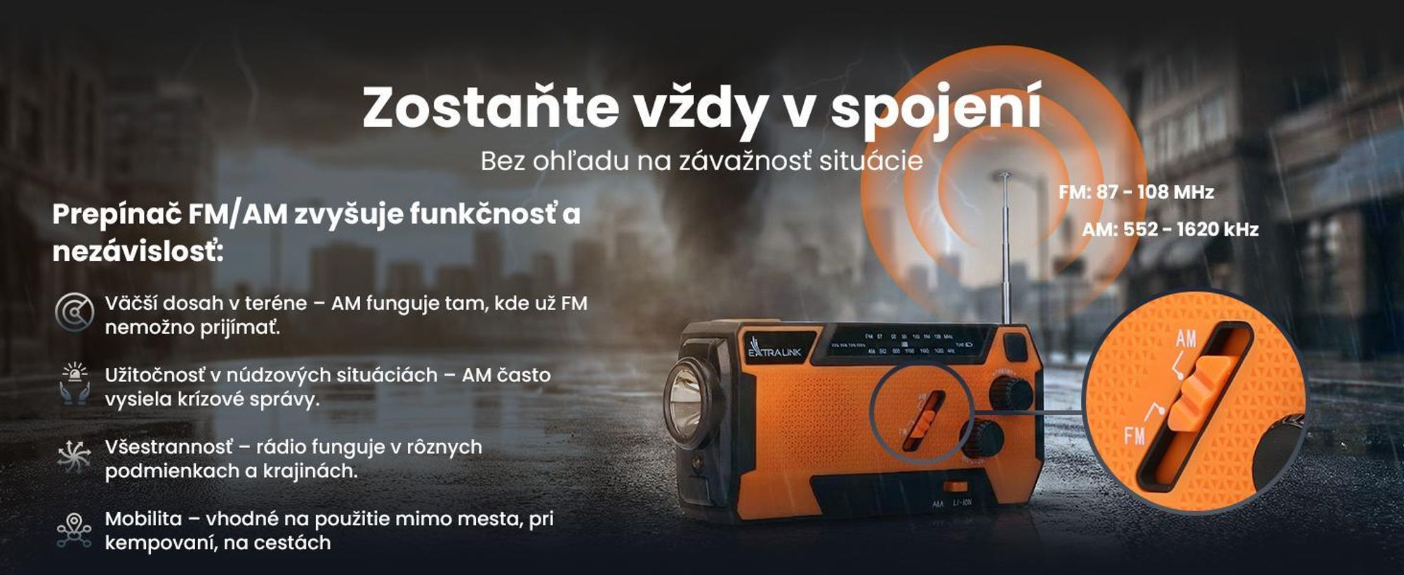 Extralink SR-4000 núdzové rádio so solárnym nabíjaním, kľukou, powerbankou 4000 mAh a LED svietidlom