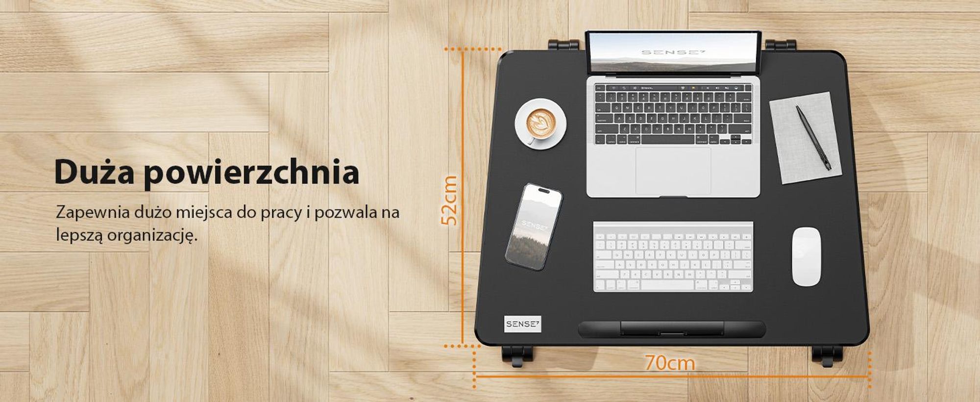 SENSE7 Biurko na kółkach Mobilne biurko – odchylany blat Regulacja wysokości Duża powierzchnia robocza Nowoczesny, minimalistyczny styl 70 x 52 cm Czarny