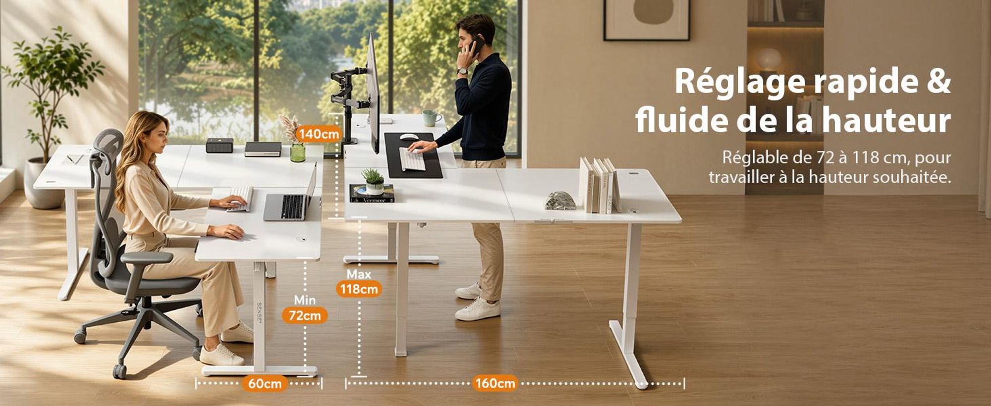 Bureau d'angle SENSE7 NOJO Light Corner, électrique, réglable en hauteur, 160x140, en forme de L, bureau debout à double moteur, structure blanche avec fonction mémoire, bureau pour ordinateur