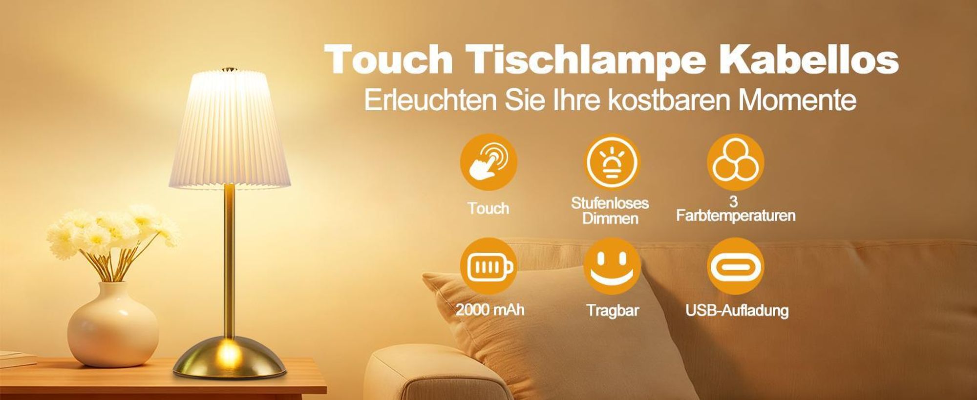 ZMH Stolní lampa Bezdrátová noční lampa Sada 2 LED stolních lamp Dotykové stmívatelné noční lampy s USB Bílé látkové stínítko do ložnice