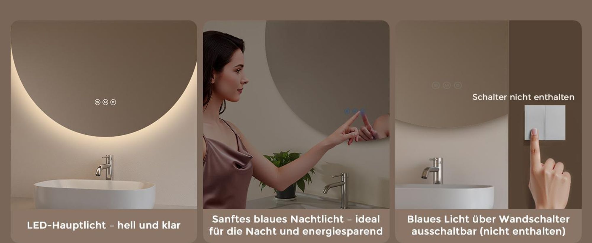 S'AFIELINA Badspiegel Rund 50 cm mit Beleuchtung, LED Badezimmerspiegel, dimmbar, 3 Lichtfarben, Antibeschlag, Touch, Speicherfunktion