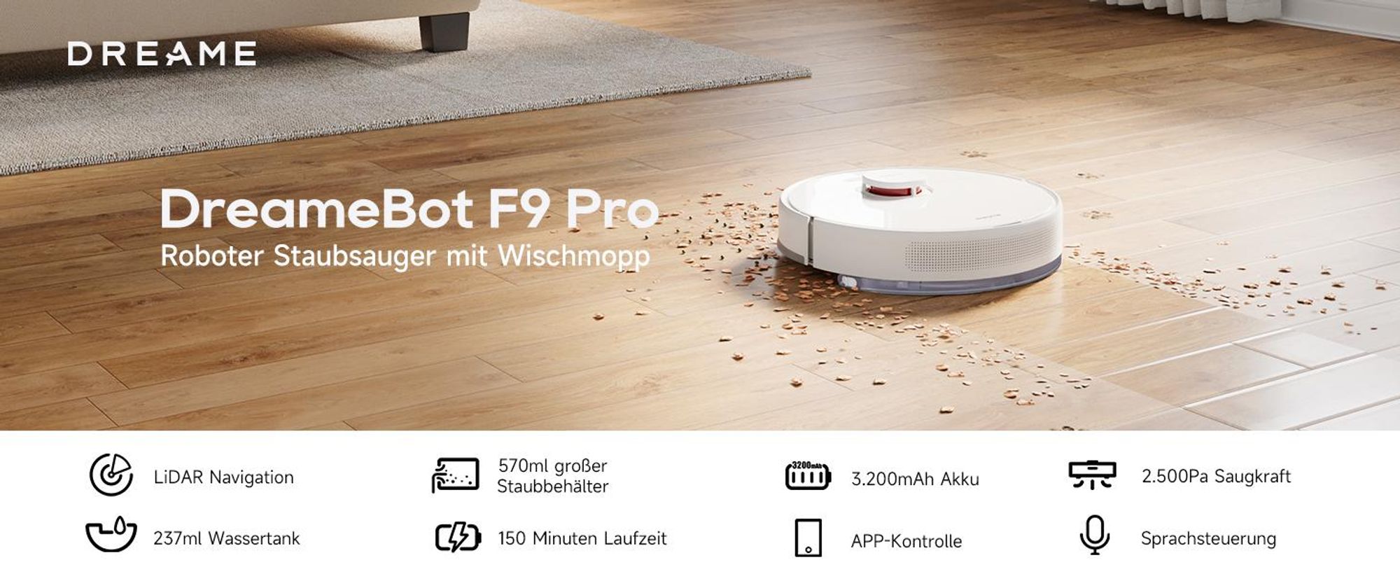Dreame F9 Pro 2in1 Roboter Saugroboter mit LDS-Navigation,2500Pa Saugkraft,Kartenzeichnung,für Tierhaare/Hartböden/Teppiche,150Min,App-Steuerung,Weiß