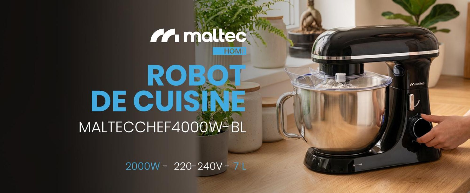 Robot de cuisine, pétrin, mixeur, bol de 7 litres, 3 vitesses, crochets et fouets, acier inoxydable noir, MaltecChef4000W-BL