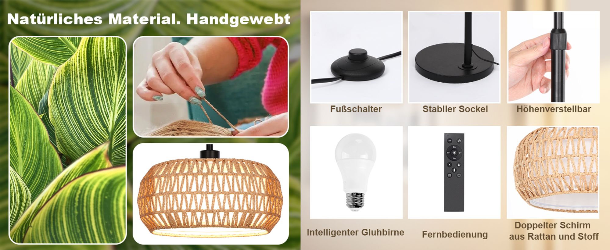 Stehlampe Wohnzimmer, Dimmbare Rattan Standleuchte mit 3 Farb,Fernbedienung und Fußschalter, App-Steuerung,12W E26 Bogenlampe,Standleuchte Leselampe