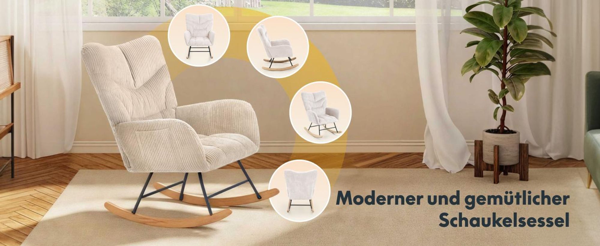 FLEXISPOT Schaukelstuhl Schaukelsessel hohe Rückenlehne & Armlehnen, Moderner Relaxsessel mit Holzkufen, gepolstert für Wohnzimmer, bis 120 kg Weiß