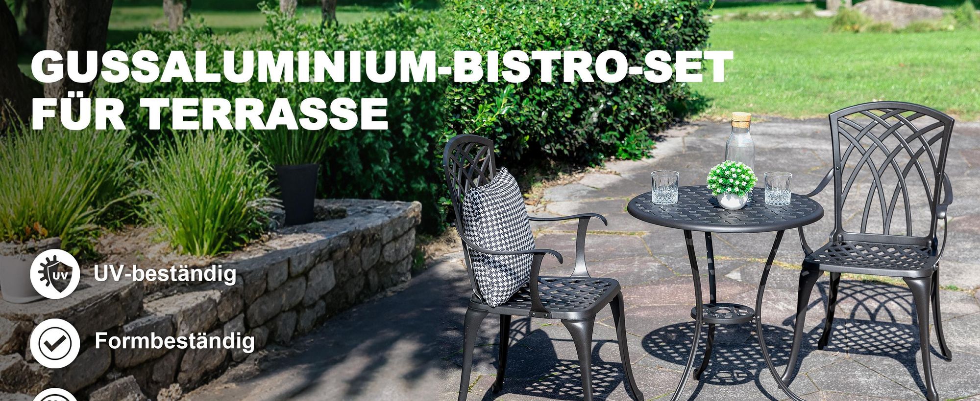 Avestar 3-teiliges Bistroset aus Aluminiumguss, Gartenmöbel Set, runder Bistrotisch  mit 2 Bistrostühlen, Schwarz