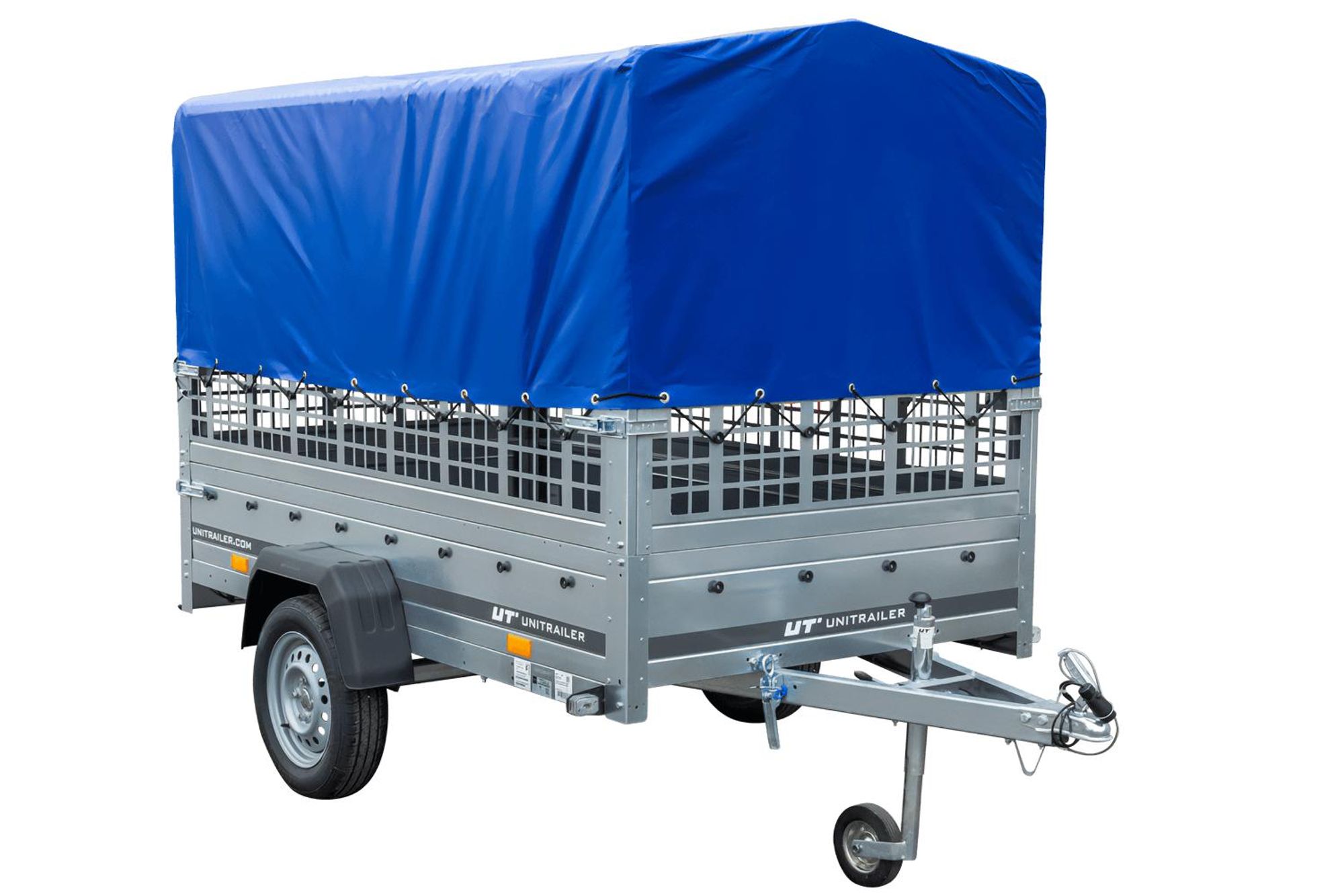 Przyczepka jednoosiowa 230x125 UNITRAILER GARDEN 230 KIPP z burtami siatkowymi, stelażem H-800 i plandeką niebieską