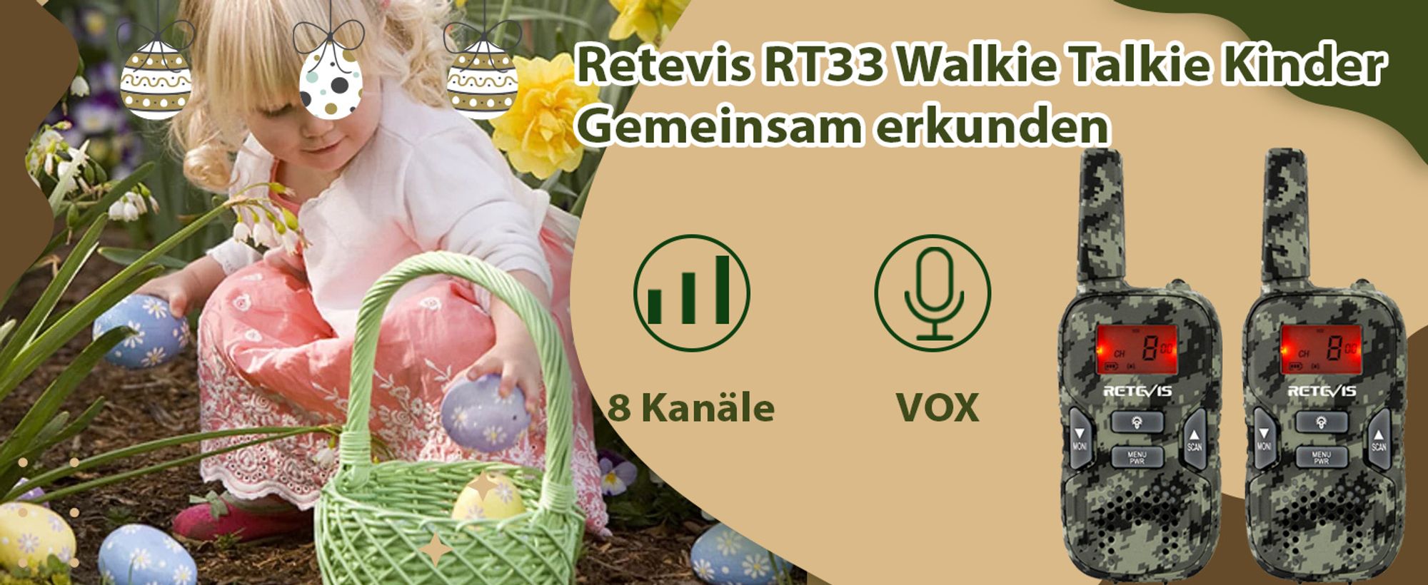 Retevis RT33 Kinder Walkie Talkie, Spielzeug Geschenke für 6-12 Jahre Kinder, 8 Kanäle VOX LED Taschenlampe für Outdoor, Aufladbar (Tarnung)