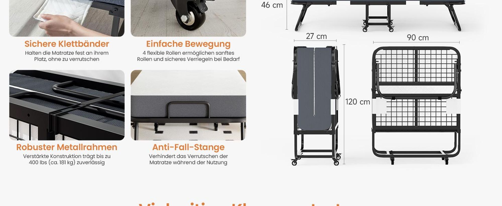 GUNUSS Klappbett Erwachsene Gästebett Klappbar mit13 cm Dicke Matratze 200x90x46cm Reisebett Metallbett einer Tragfähigkeit von 250 kg