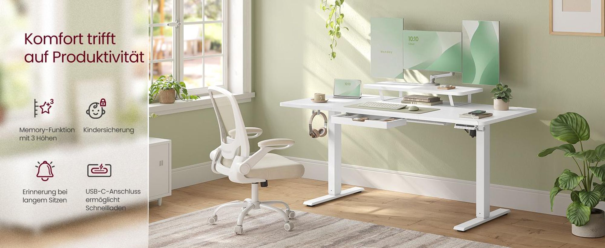 VASAGLE Höhenverstellbarer Schreibtisch, 140 cm, USB-C-Anschluss, Erinnerung bei langem Sitzen, flexibel montierbarer Monitorständer