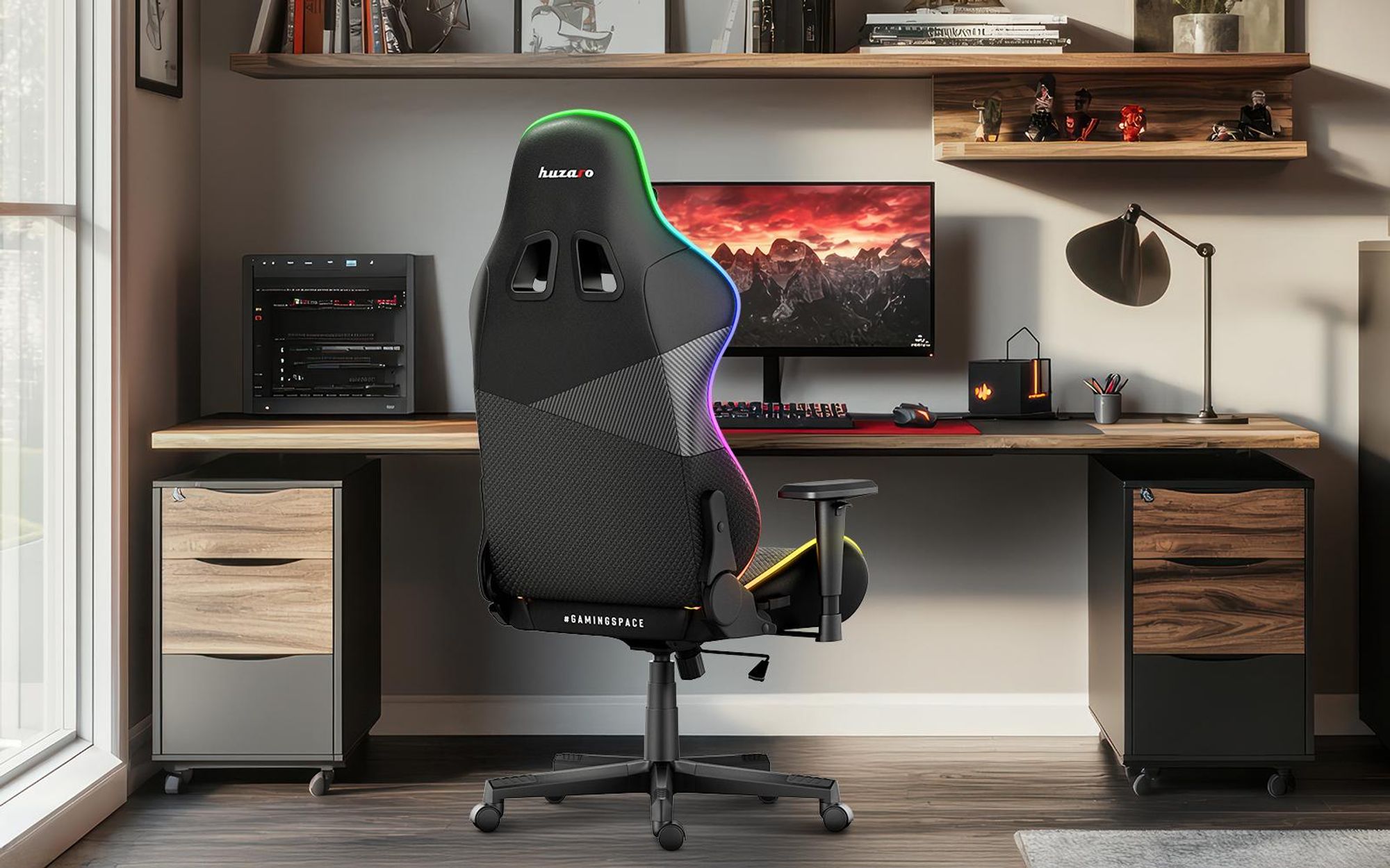 Huzaro Force 6.2 | RGB LED Beleuchtung Gaming Stuhl Gamer Bürostuhl Schreibtischstuhl Gamer Kopfstütze Lendenstütze | bis 130 kg belastbar | Schwarz
