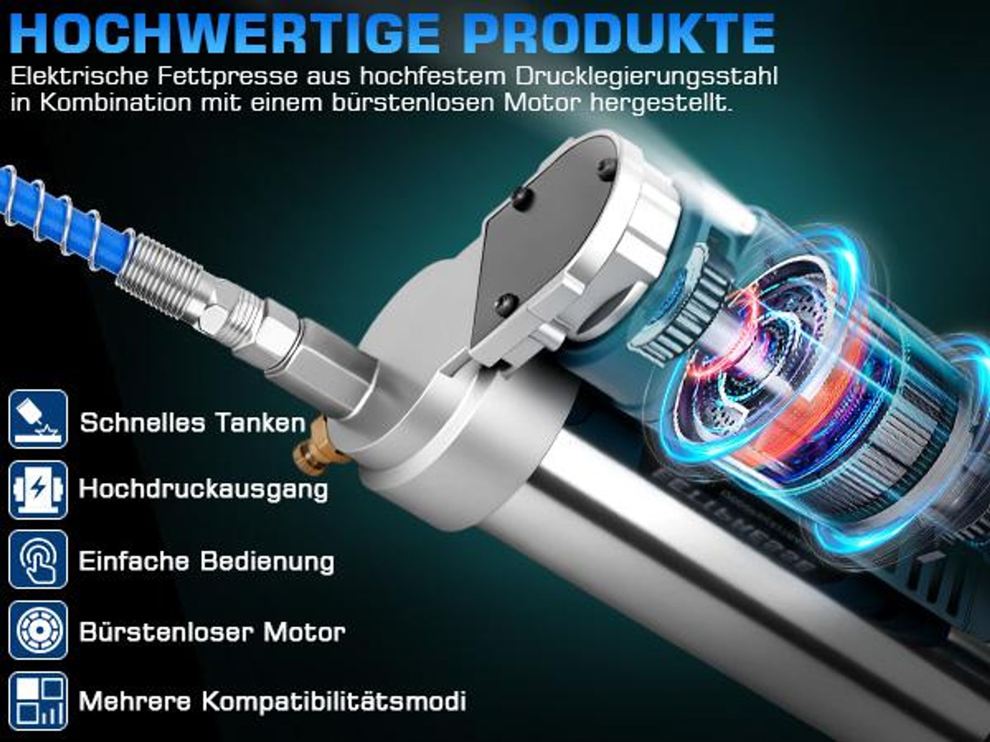 Akku Fettpresse 2-in-1 Elektrische Schmierpistole 12000 PSI mit 2 Akkus, 3 Düsen, Bürstenloser Motor, 100cm Flexschlauch, LED-Licht, 600g Kapazität