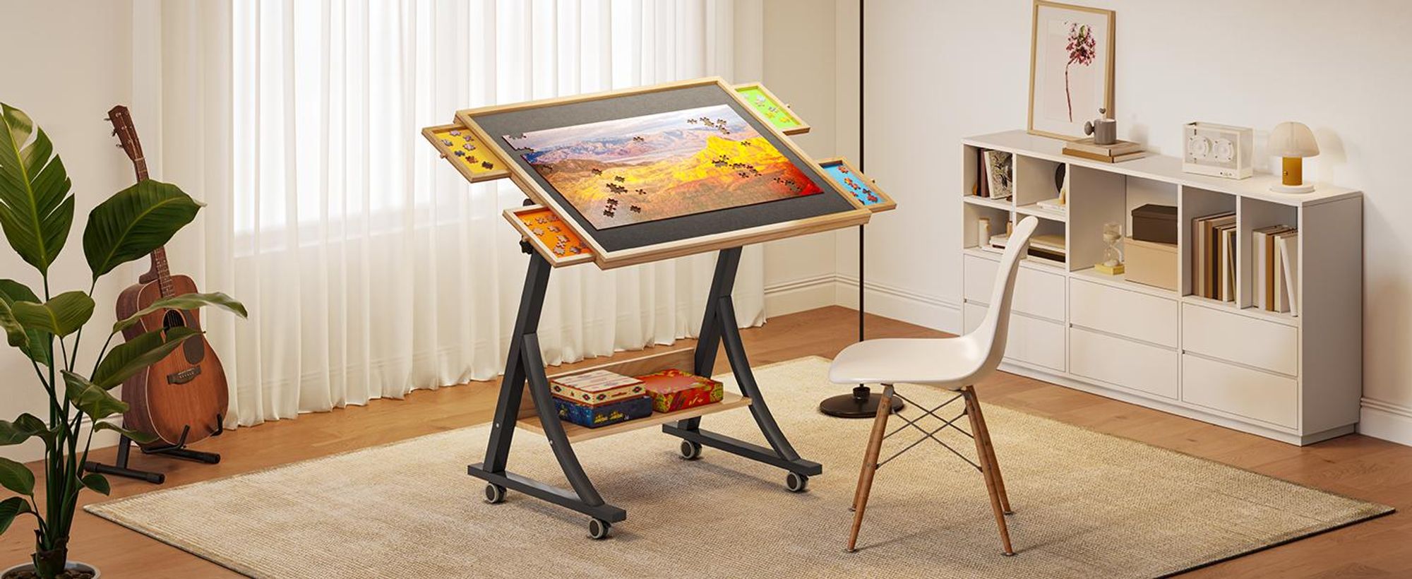 YITAHOME Puzzletisch mit 4 Schubladen, Puzzelbrett für 1500 Teile, höhen- und winkelverstellbar, mit Abdeckung & Aufbewahrungsregal
