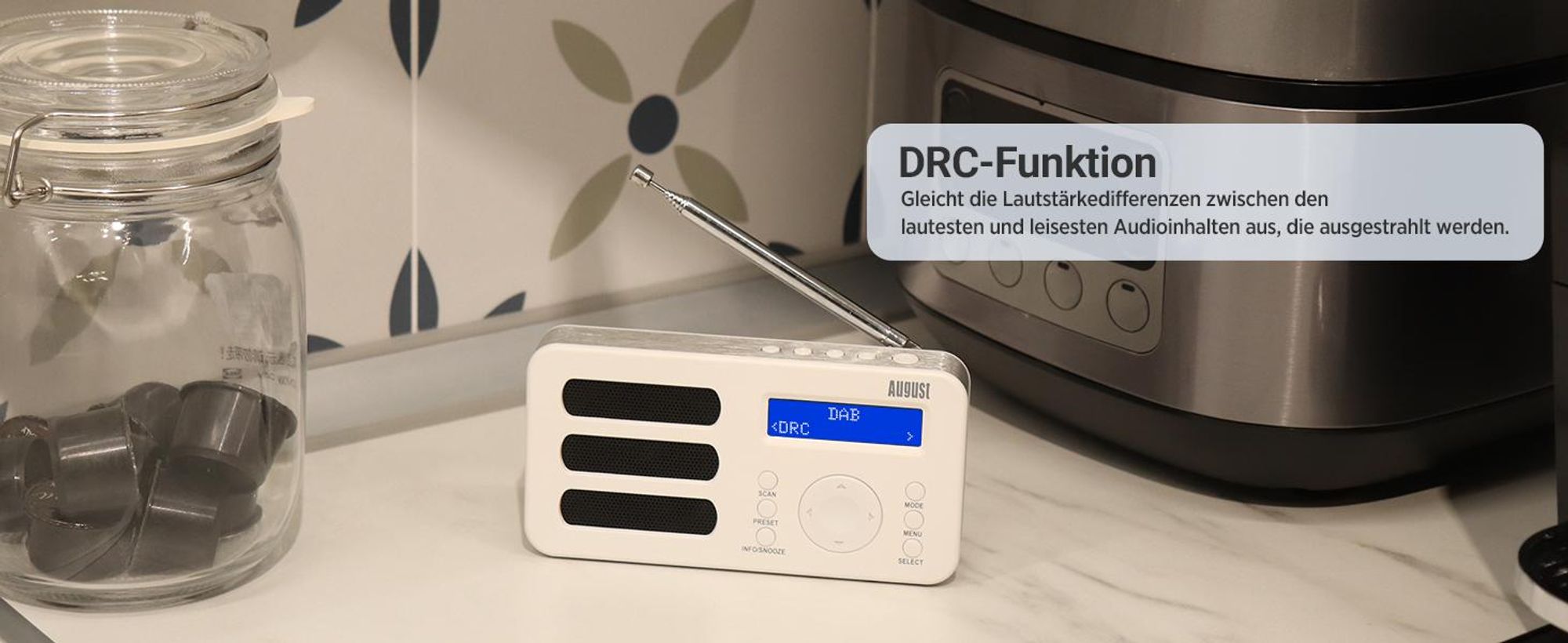 Tragbarer DAB+ FM Alarm Radiowecker Wiederaufladbar AUX 40 Presets - August MB225