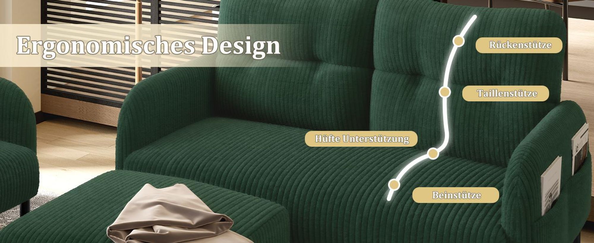 LVHOM Cord 3er-Set 2-Sitzer+Sessel+Hocker, Flexibel für Wohnzimmer Ecksofa mit Seitentaschen, Sitzgruppe Grau