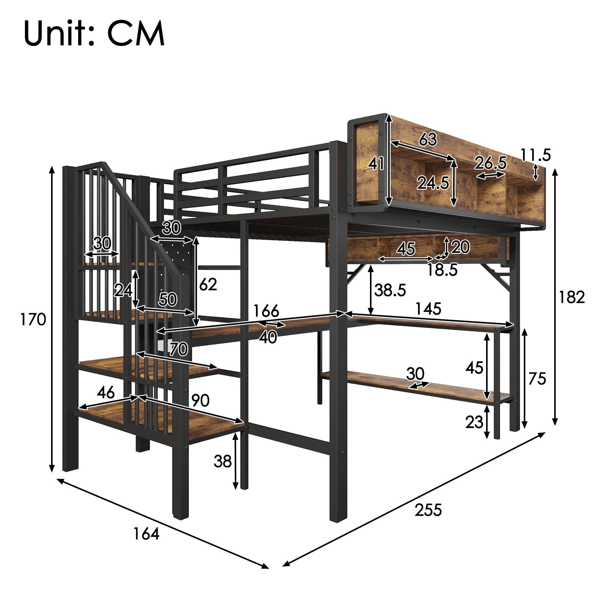 Flieks Etagenbett 140x200cm mit Schreibtisch und Ladefunktion, Hochbett Jugendbett mit Led und Stauraum, Kinderbett Metallbett mit Lattenrost, Schwarz