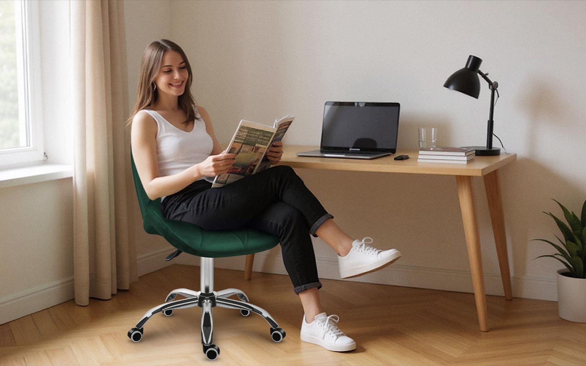 MARK ADLER Future 3.0 | Drehstuhl Bürostuhl Polsterstuhl | Höhenverstellbar bis 130 kg belastbar Samt Velours | Homeoffice Schminktisch | Grün