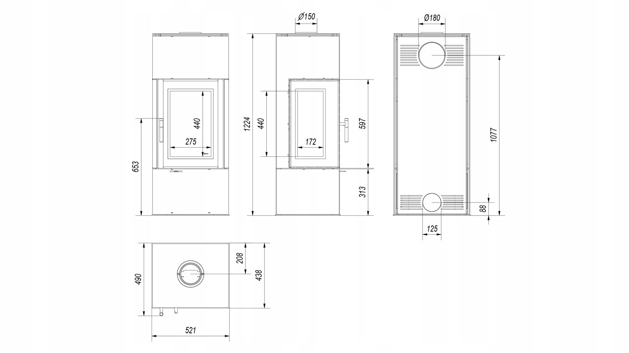 Freistehender Kaminofen THOR VIEW KRATKI 8 kW Ø150 Dreischeiben-set