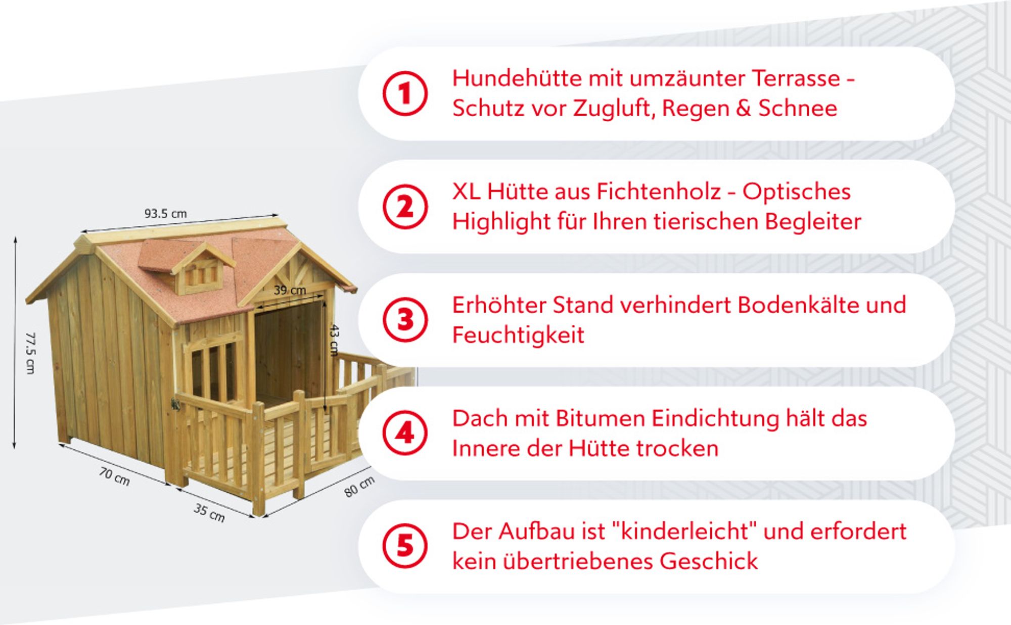 Wiltec Luxus XL Hundehütte 93,5 x 77,5 x 70 cm, braun, Hundehaus aus Holz mit Veranda, Hundehöhle Outdoor für Balkon Garten Terrasse