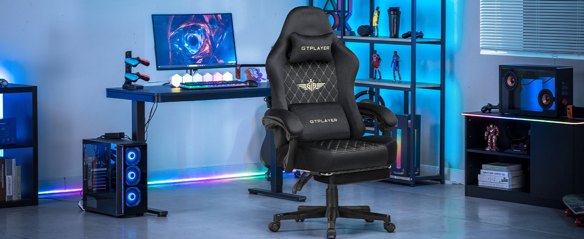 GTPLAYER Gaming Stuhl Stoff Gaming Chair Ergonomisch Bürostuh PC Stuhl,  Verstellbarer und Drehbarer Schreibtischstuh mit Fußstütze, Schwarz