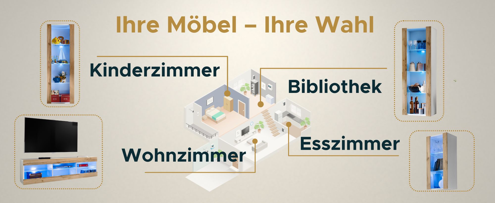 Komodee | Wohnwand mit TV-Schrank und Vitrine Tivoli Set Medio, Korpus Weiß Matt Frontfarbe Wotan Matt, LED Blau