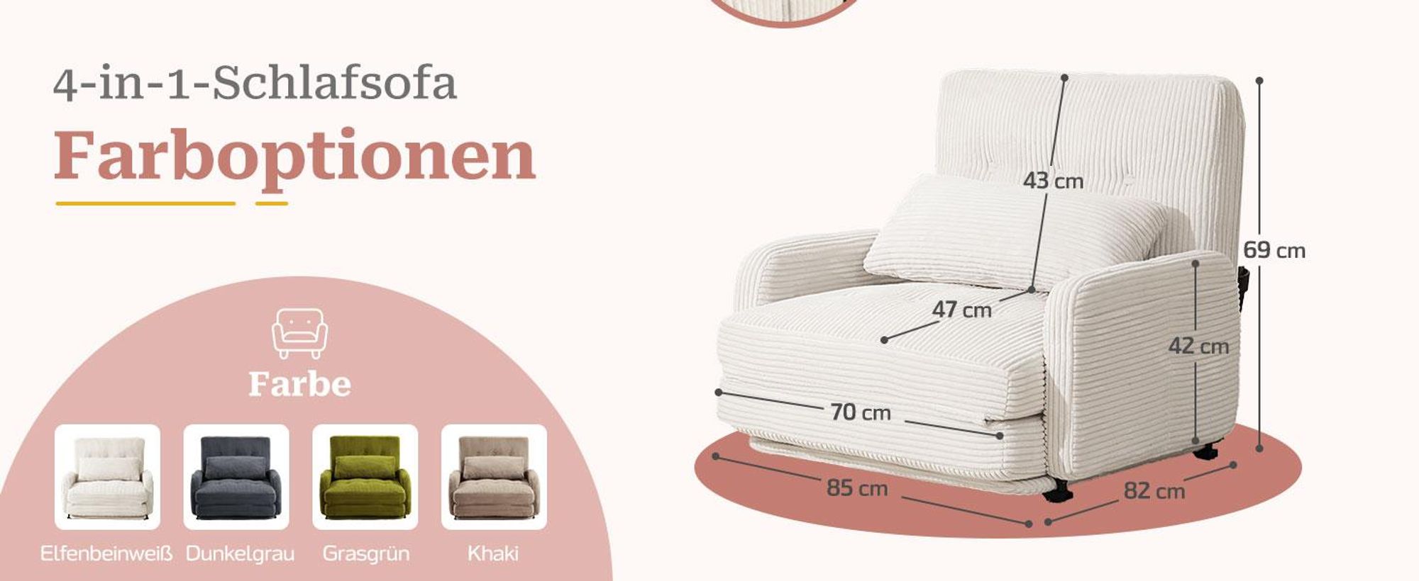 Bodenhohes Sofa,- mit Schlaffunktion, erhältlich in verschiedenen Farben, moderner Cordstoff, Elfenbeinweiß