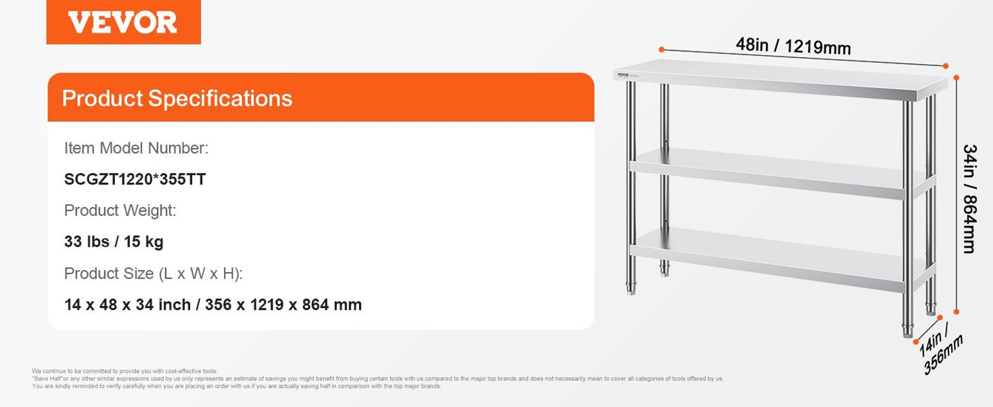 VEVOR Edelstahl Vorbereitungs Tisch, 24 x 24 x 34 Zoll, Schwerlast Metall Arbeitstisch mit 3 verstellbaren Höhenstufen, Gewerbliche Arbeitsstation für Küche Garage Restaurant Garten, 356x1219x864 mm