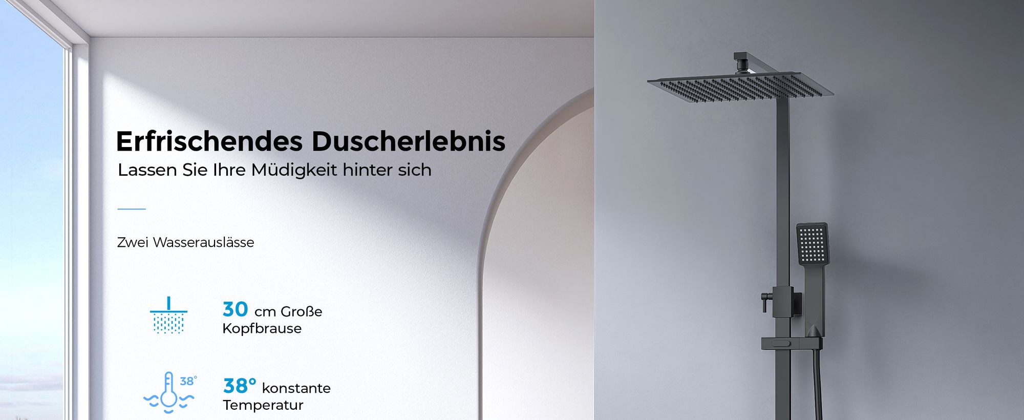 Heilmetz Duschset Schwarz Matt mit Thermostat, Regendusche Quadratisch 20x20 cm, Edelstahl Duschsäule inkl. Handbrause, Höhenverstellbar