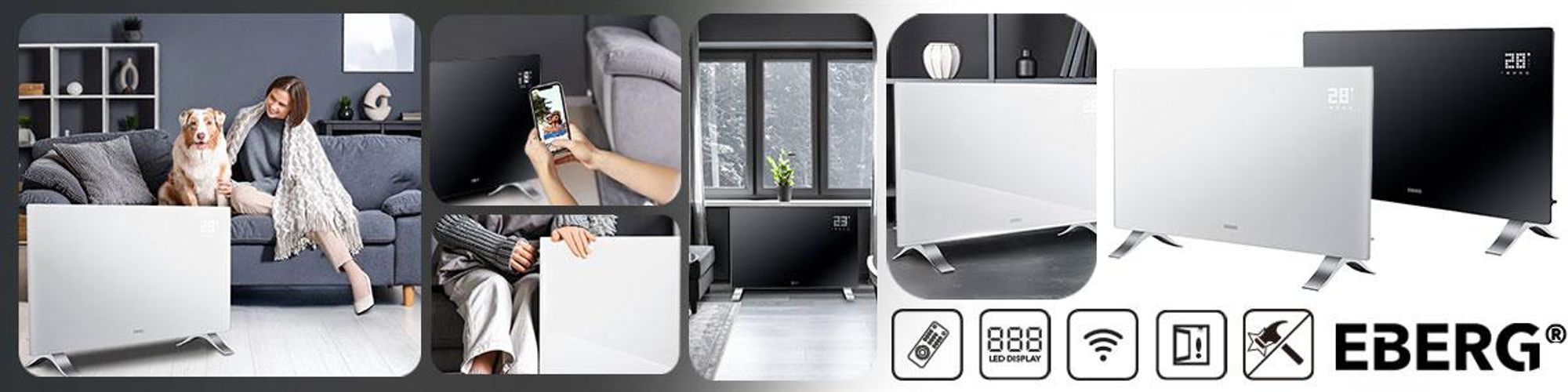 EBERG EVI PRO Grzejnik konwektorowy 2400 W Wi-Fi Szklany Panel Pilot Czarny