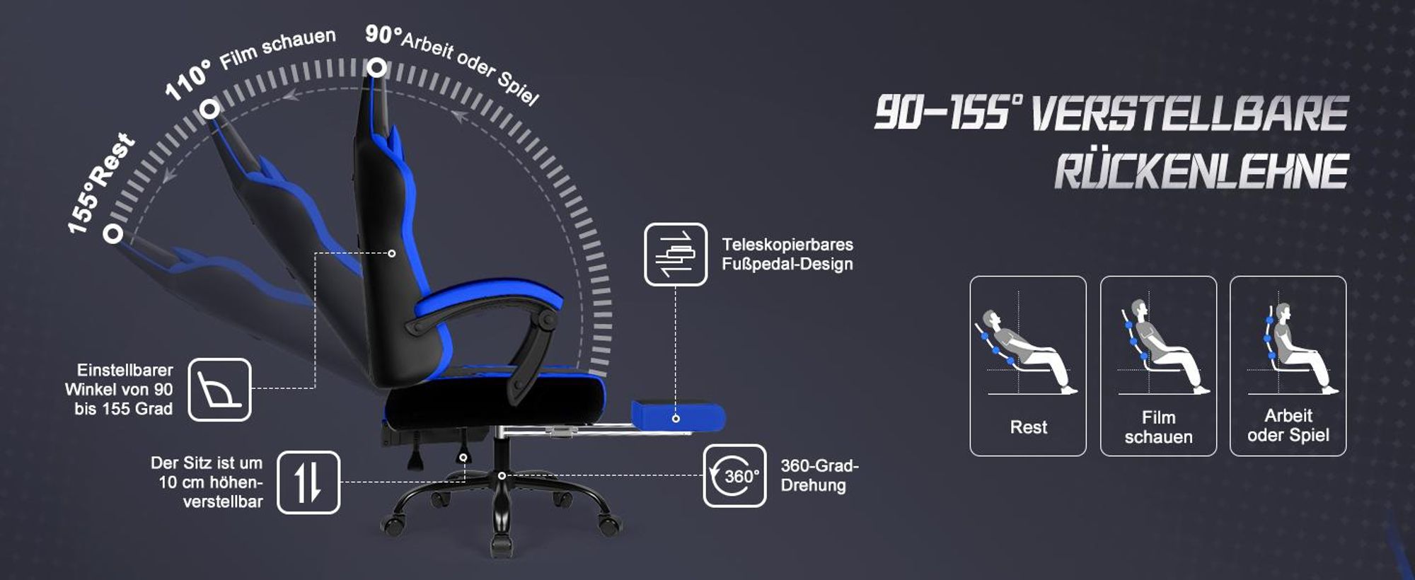 Aiibot Gaming Stuhl, Ergonomischer Gaming Sessel,Schreibtischstuhl,Gamingstuhl mit Fußstütze,Gaming stuhl 150 kg,verstellbare Rückenlehne,Schwarz/Blau