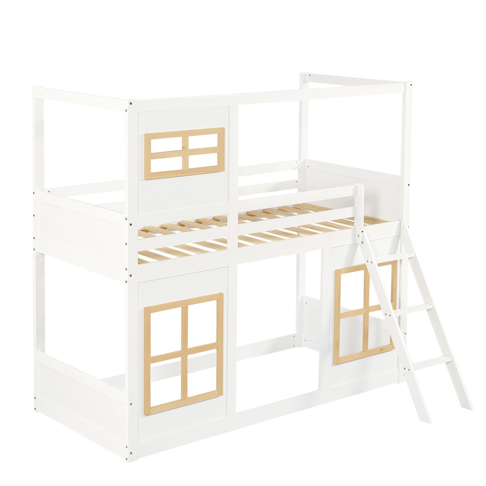 Flieks Etagenbett 90x200cm mit Rausfallschutz, Kinderbett Hausbett mit Fenster, Hochbett Einzelbett mit Leiter, Stockbett Spielbett, Weiß
