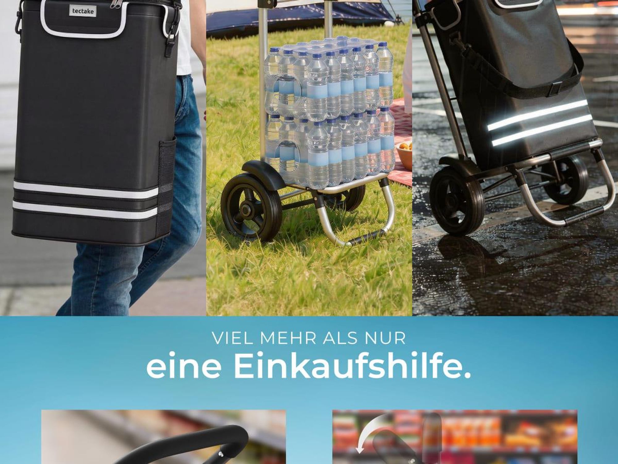 tectake Einkaufstrolley 3-in-1 klappbar mit Kühltasche Trolley Umhängetasche Sackkarre 56 l Aluminiumgestell Profilräder großer Stauraum,