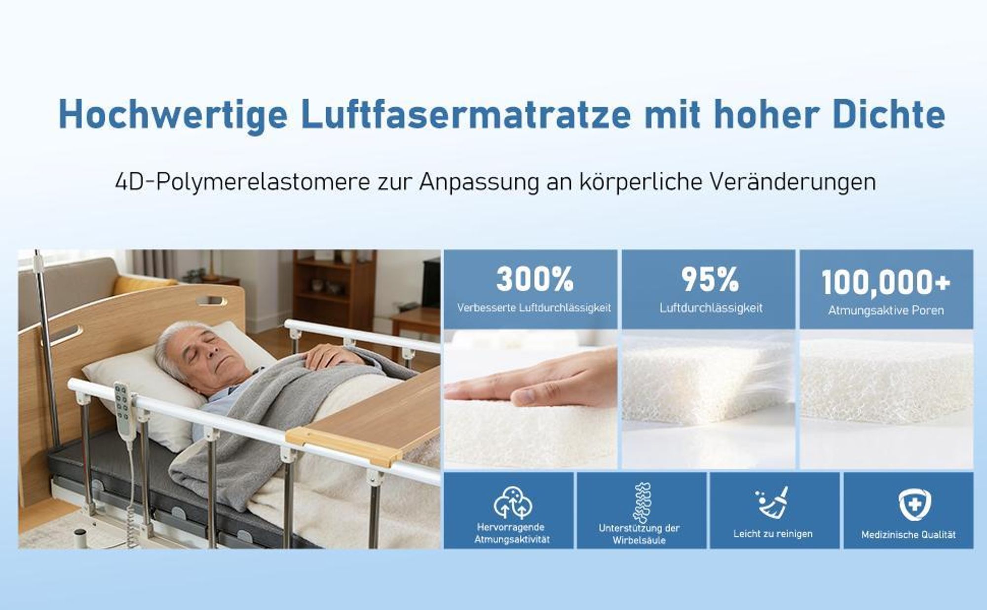 Elektrisches Pflegebett 4 Funktionen, höhenverstellbares Krankenbett 29–60 cm mit Matratze, Seitengitter, Tischplatte, Infusionsständer, 205 kg