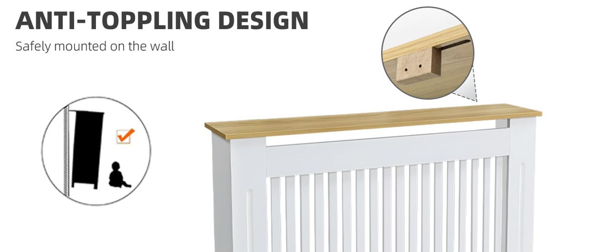 FATIVO Heizkörperverkleidung 112x20x83 cm - Heizkörperabdeckung in Weiß mit Holzmaserung, aus verdicktem MDF, Vertikale Lamellen