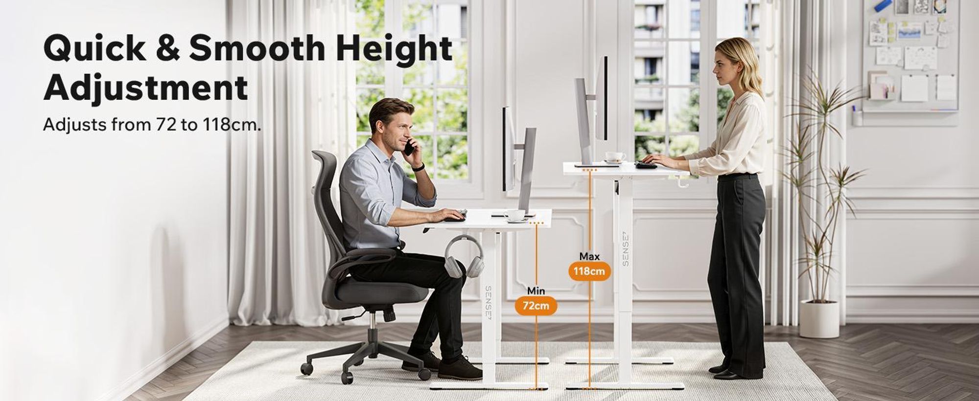 SENSE7 NOJO Light – elektricky výškově nastavitelný podstavec k psacímu stolu | 72–118 cm, paměťová funkce, držák na sluchátka, max. nosnost 70 kg, ocelový podstavec