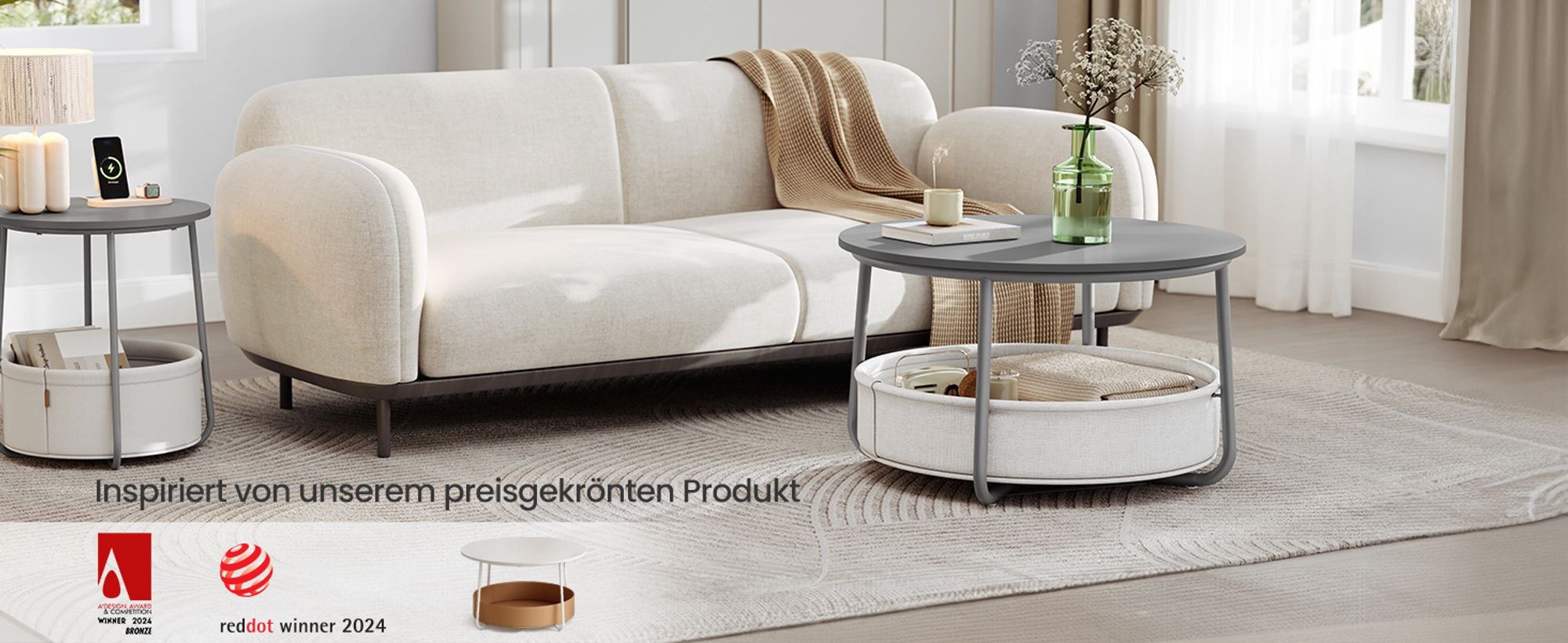 Couchtisch rund, Beistelltisch mit Stauraum, Wohnzimmertisch mit Korb aus Stoff