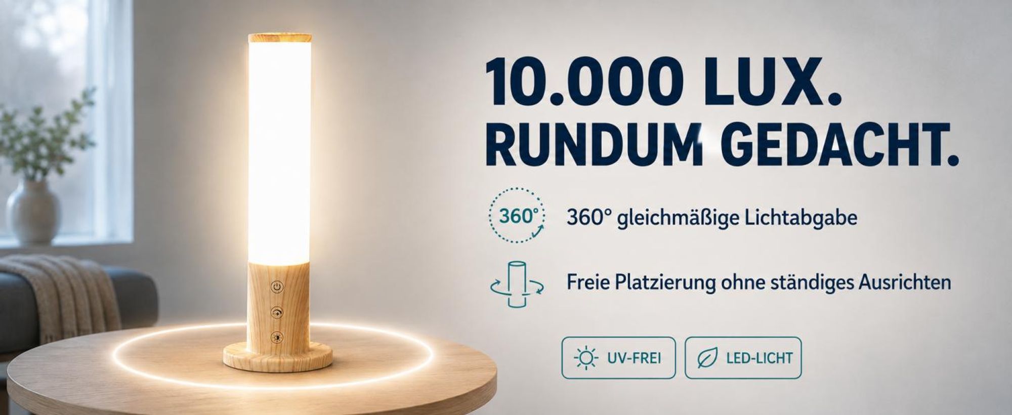 Lichttherapielampe 10000 Lux, 360° Tageslichtlampe in Holzoptik für den Schreibtisch, UV-frei, 3 Farbtemperaturen, 5 Stufen & stufenlos dimmbar, Touch