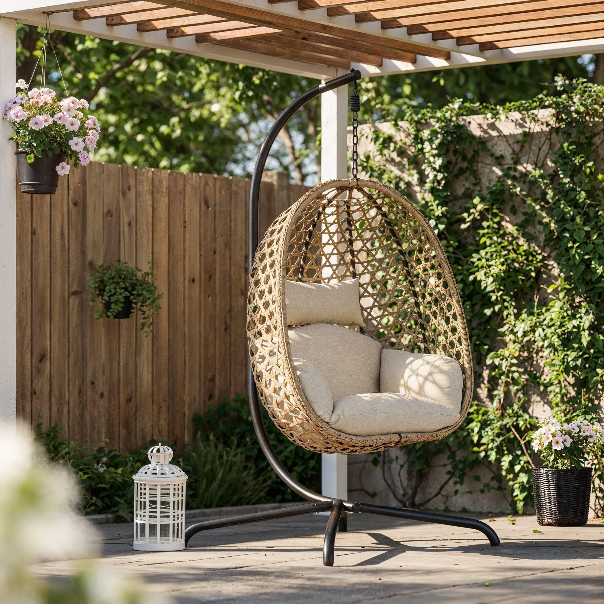 di volio Hängesessel SOMI mit Gestell - braun, Hängesessel Outdoor aus PE-Rattan mit Stahlgestell, wetterfest & bequem