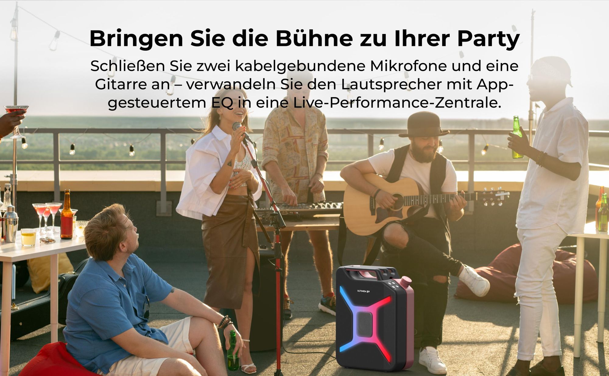 ULTIMEA Go tragbarer Party-Lautsprecher, 300 W Bluetooth PartyBox mit Bass-Boost, RGB-Beleuchtung, Mikrofon-/Gitarreneingang, Party & Outdoor, Rot