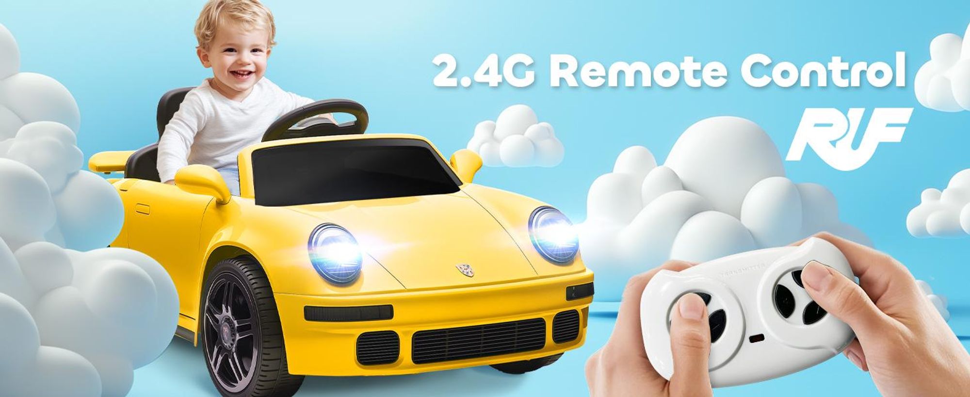 AIYAPLAY Elektryczny samochód dziecięcy 12 V RUF CTR 2017-Yellowbird z pilotem 2,4 GHz, 2 silnikami, pojazd dziecięcy z łagodnym startem, wyświetlaczem zużycia energii, odtwarzaczem MP3, światłami LED, klaksonem, dla dzieci w wieku 3-6 lat, żółty