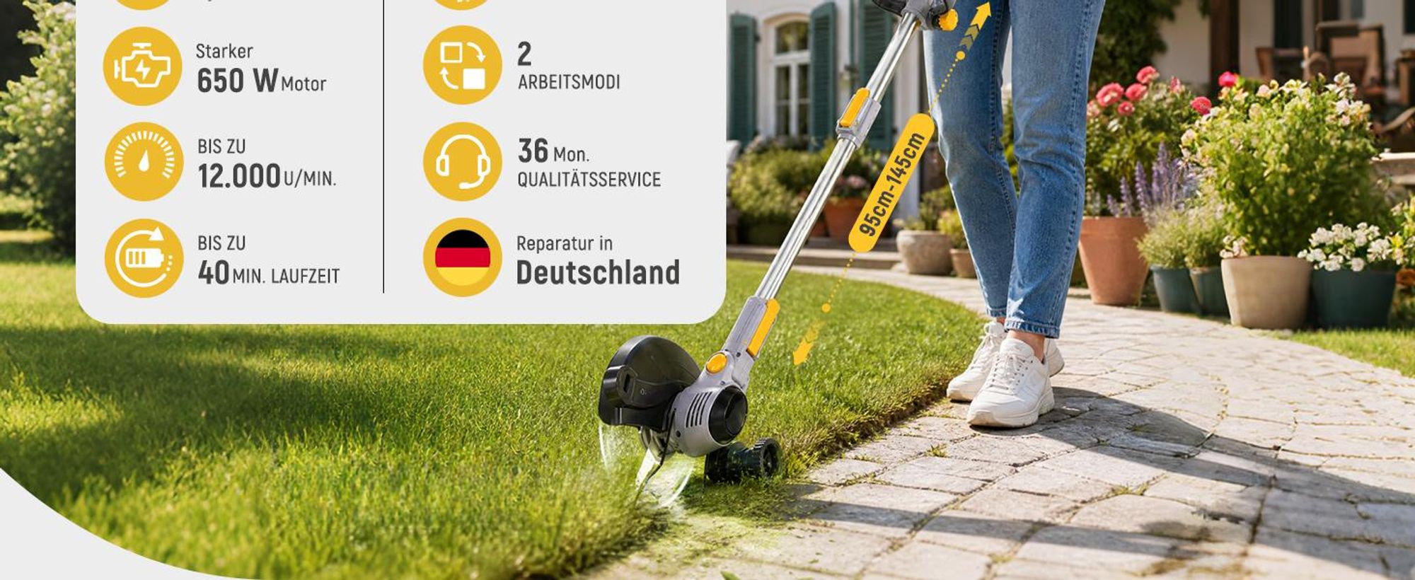 Traumheim Akku Rasentrimmer 21V, 3-in-1 Freischneider, 2x 2,0Ah Akku mit Ladegerät, Teleskopstiel, Kantenschneider, 3 Messerarten,für Garten und Rasen