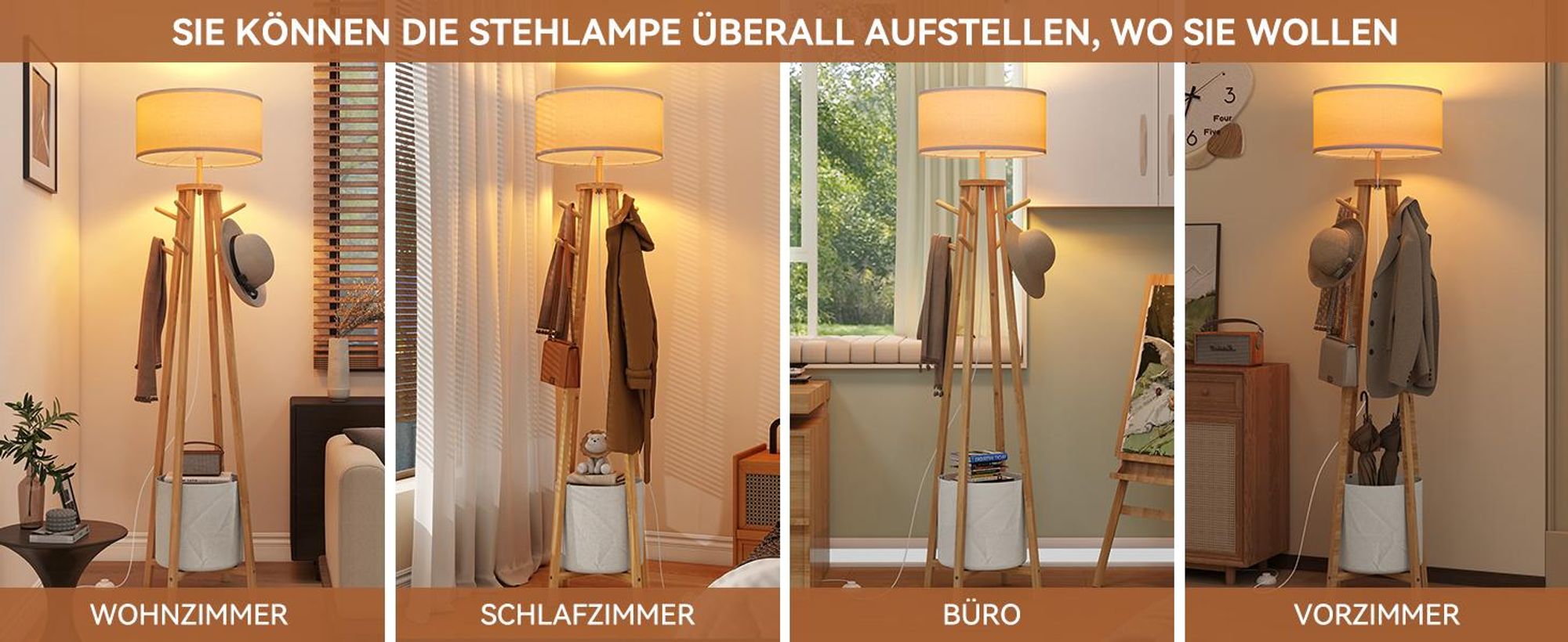 Puluomis Stehlampe mit Garderoben-Ständer 176cm, 8 Haken & Stauraum, Leinen Lampenschirm E27 Fassung, Fußschalter, Für Wohnzimmer beige