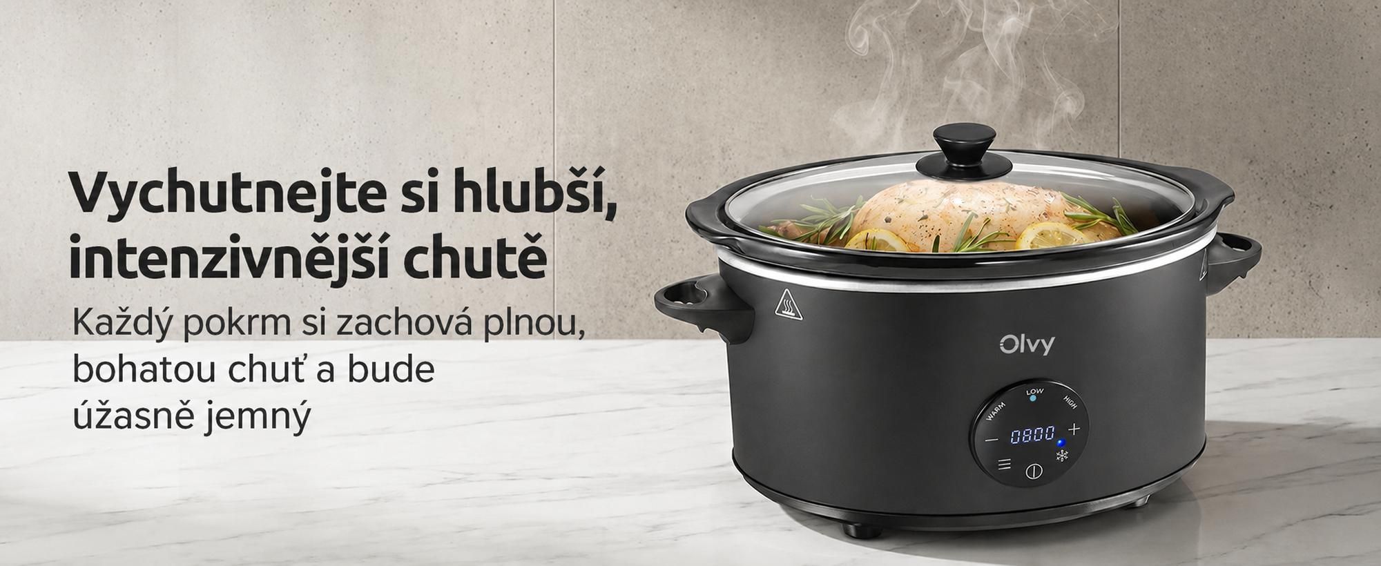 Digitální pomalý hrnec Olvy s časovačem – 6 litrů, šetrné vaření – keramický vnitřní hrnec – včetně kuchařky
