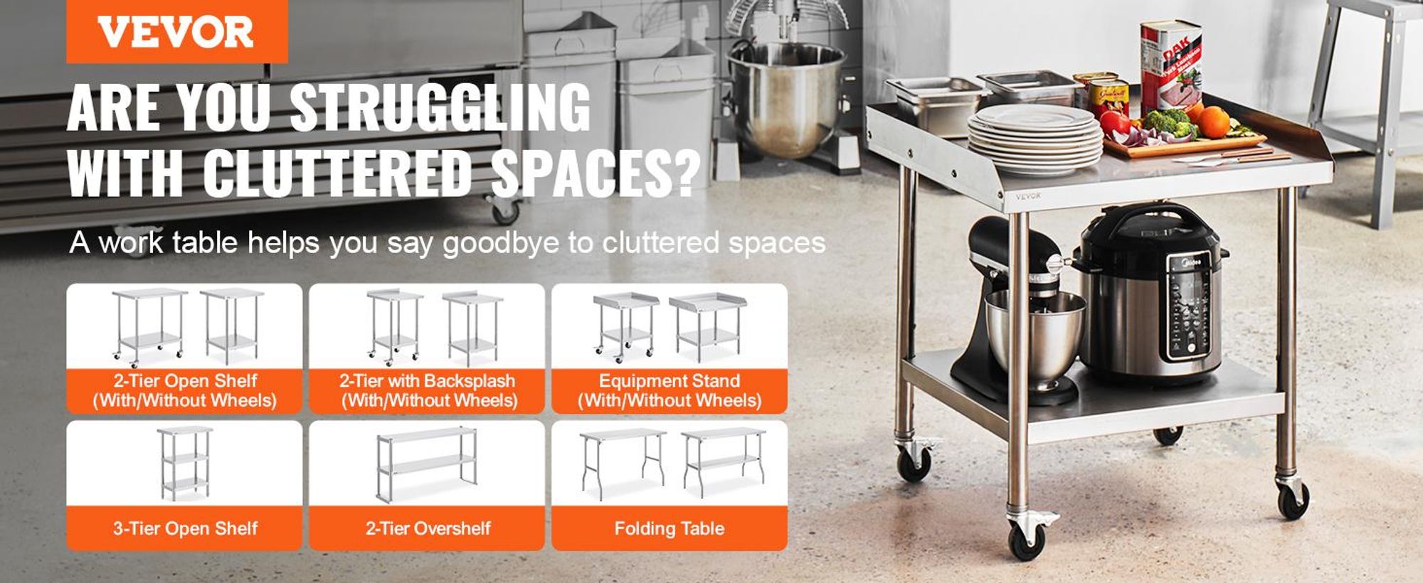 VEVOR Edelstahl Vorbereitungs Tisch, 24 x 24 x 34 Zoll, Schwerlast Metall Arbeitstisch mit 3 verstellbaren Höhenstufen, Gewerbliche Arbeitsstation für Küche Garage Restaurant Garten, 610x711x762 mm